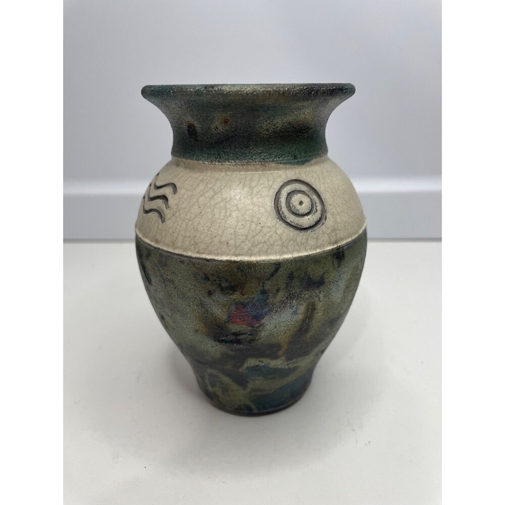 Vintage Raku Pottery Petroglyph Vase Maui Hawaii Signed 5"